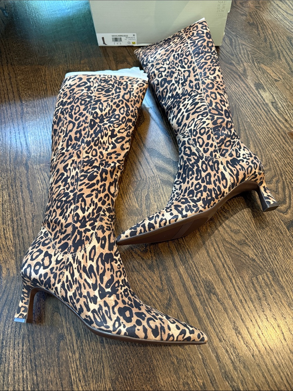 Leopard Print Knee-High Pointed Toe Heel Boots - Tan/Black womans 10